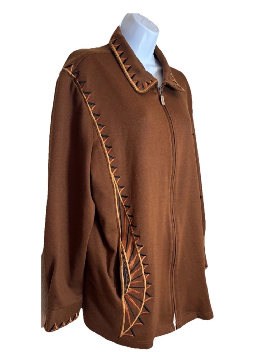 Bob Mackie Jacket 1X Brown Southwest Sunburst Embroidered Zip Front Western Art - Picture 2 of 10